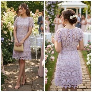 NWT Eliza J Dress Womens 8 Purple Floral Crochet Lace Sheath Mini Short Sleeve